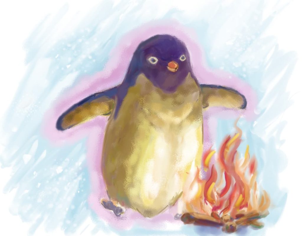 A hand-drawn illustration of an Adelie penguin standing in a snowy landscape, completely mesmerized by a glowing campfire. The penguin has a soft purple aura around it and its flippers are spread wide as it leans toward the flickering orange flames, appearing deeply absorbed by the warmth.