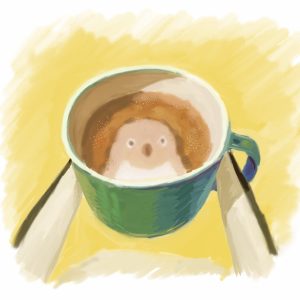 A first-person perspective digital illustration of an Adelie penguin holding a green mug with both flippers. Inside the hot cocoa, a soft reflection of the penguin's face is visible. The style is painterly with warm yellow and green tones, evoking a cozy, quiet winter atmosphere.