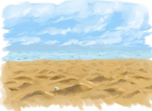 Digital painting of a vast sandy beach, with a single smooth pebble and the blue ocean and clouds in the distance.