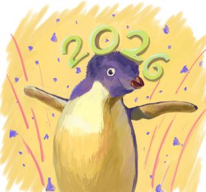 A heartwarming, hand-drawn style digital illustration celebrating the year 2026. At the center is a cute, round adelie penguin with blue-violet feathers, a white belly, and rosy pink cheeks, joyfully spreading its flippers. Above the penguin, the year "2026" is displayed in soft green, 3D-styled numbers. Colorful bursts of red, dark blue, and light blue dashed lines radiate from the center like fireworks against a warm, textured pale-yellow background.