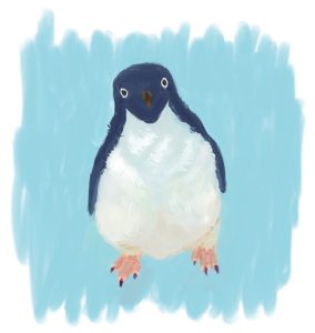A digital painting of an Adélie penguin with a dark blue head and white belly, standing against a light blue brush-stroked background.
