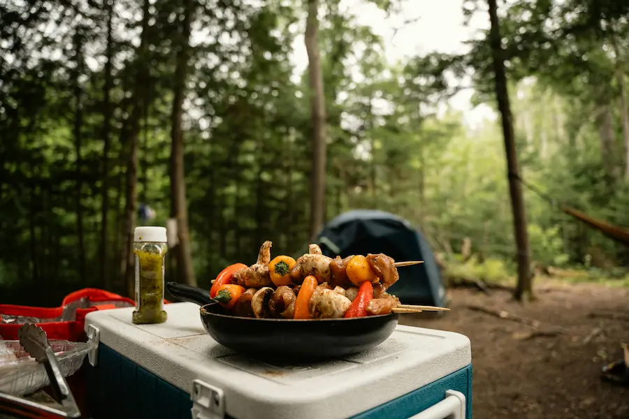 Tasty BBQ camping meal in the middle of the forest on top of a camping box.