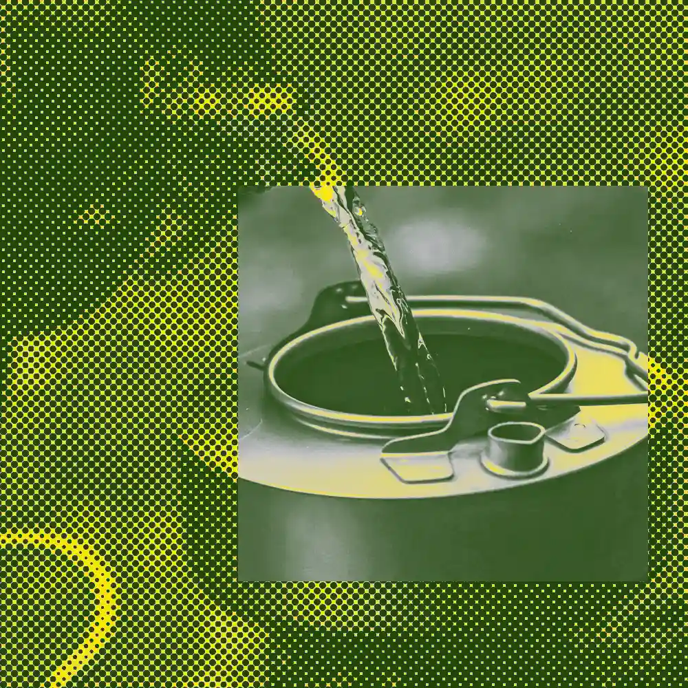 A high-contrast Pop Art style image showing water being poured into a vintage metal canister. The visual features a bold forest green and neon yellow color palette with a prominent halftone dot pattern, creating a retro industrial screen-printed aesthetic for outdoor lifestyle.