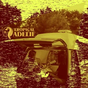 A yellowish photo of A couple were playing music at the back of a camper, the guy was playing guitar. With the logo of Tropical Adelie.