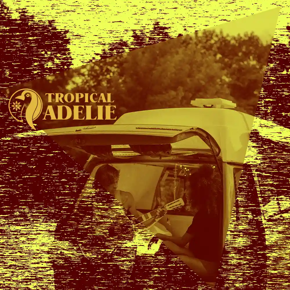 A yellowish photo of A couple were playing music at the back of a camper, the guy was playing guitar. With the logo of Tropical Adelie.