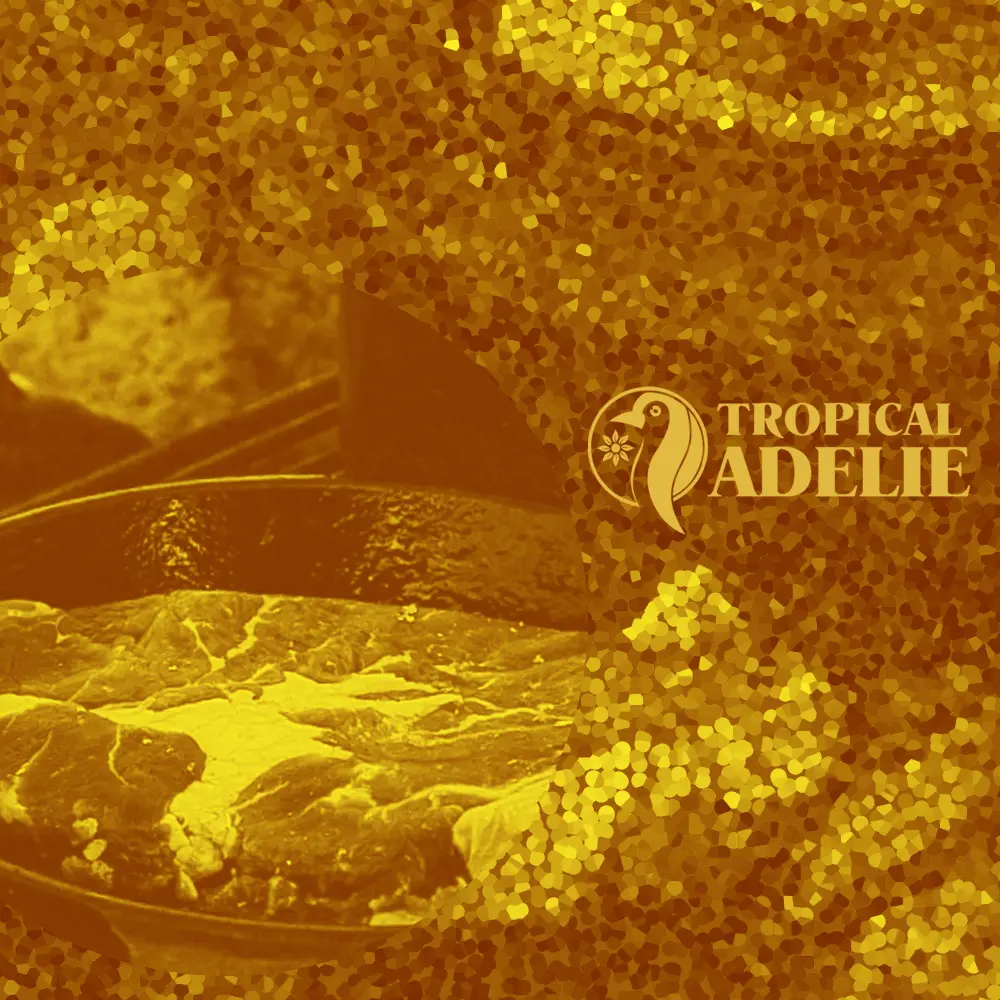 A piece of meat, possibly a steak or roast, searing in a dark cast-iron skillet or pan. The image has a heavy golden-yellow tint and is set within a circular frame over a mosaic pattern. The 'Tropical Adelie' logo is positioned on the right side.