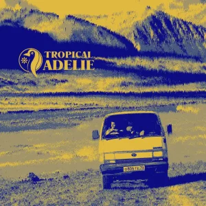 A vintage Toyota van driving across open grassland steppes under a dramatic sky, rendered in retro blue and gold duotone tones of travel aesthetic.