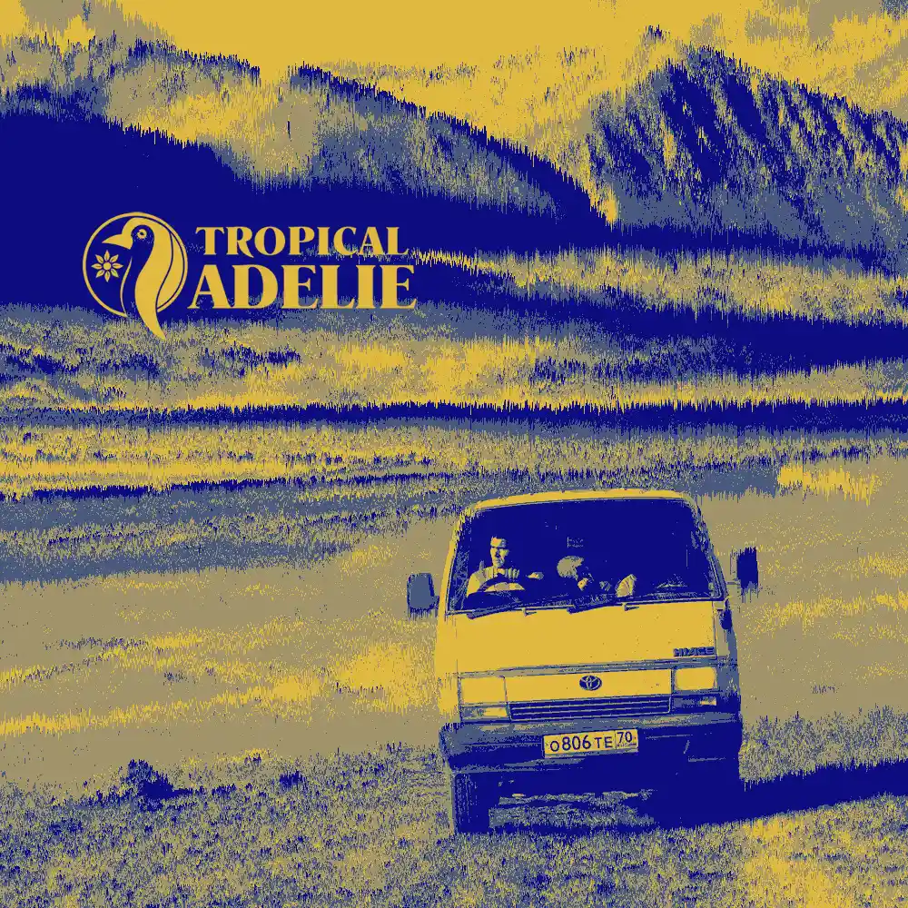 A vintage Toyota van driving across open grassland steppes under a dramatic sky, rendered in retro blue and gold duotone tones of travel aesthetic.