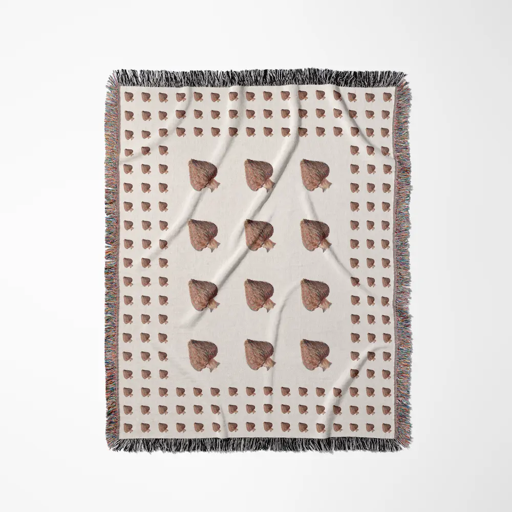 Cream woven throw blanket laid flat on a white background, featuring a grid pattern with mushroom accents and dark fringe trim, shown from a slightly different angle.
