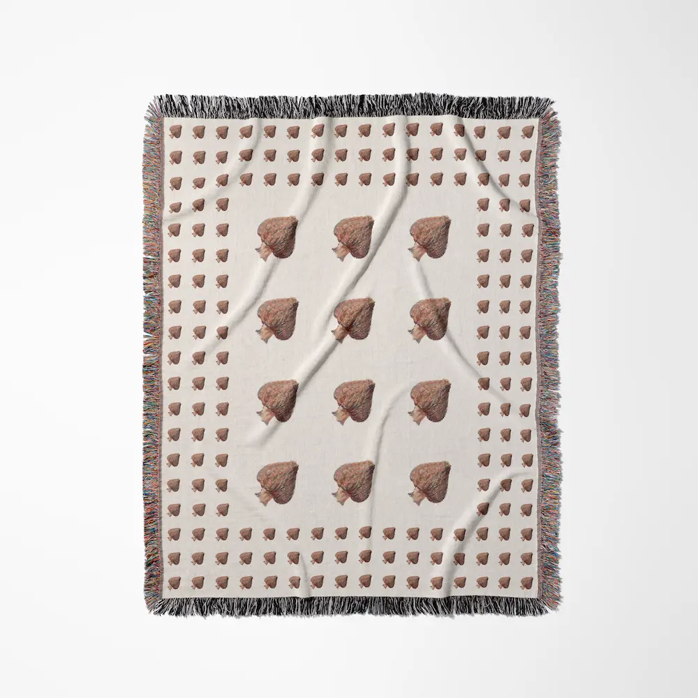 Cream woven cotton throw blanket with a grid pattern and brown mushroom motifs, dark fringe trim on all edges, photographed flat against a white background. Perfect as morel mushroom hunting gear.