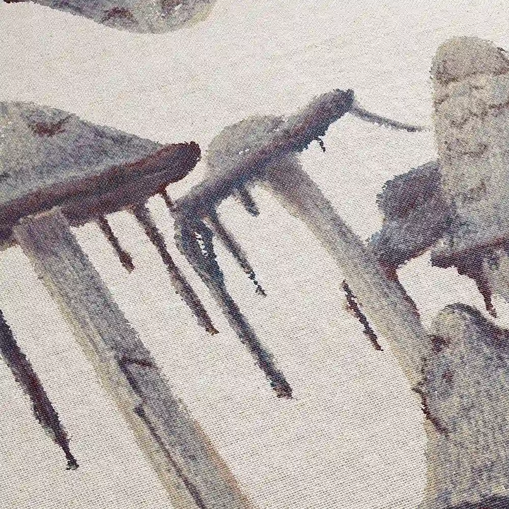 Close-up of the shaggy mane mushroom blanket showing gray, charcoal, and muted purple mushroom illustrations printed on ivory woven fabric.